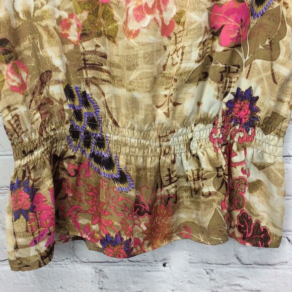 Chico's Blouse Women's Size 2 (M/12) Peacock Floral Print Beaded Elastic Waist - Picture 3 of 10